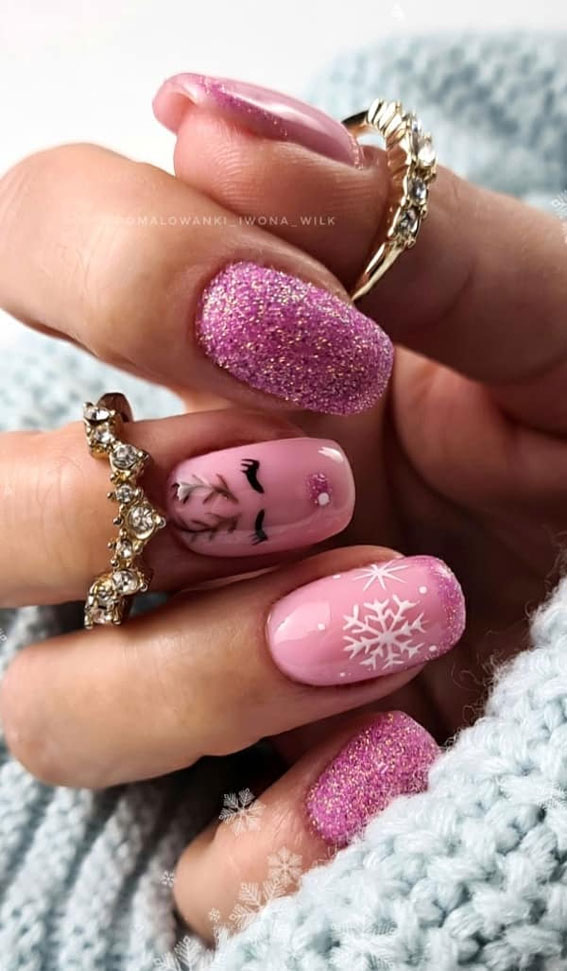 Pretty Festive Nail Colours & Designs 2020 : Pink & Glitter Festive nails