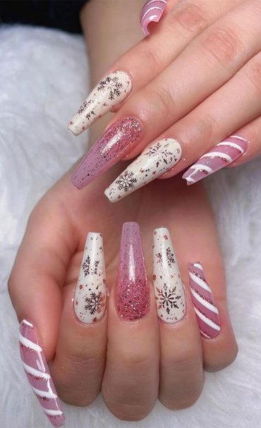 Pretty Festive Nail Colours & Designs 2020 : Pink & White Festive Nails