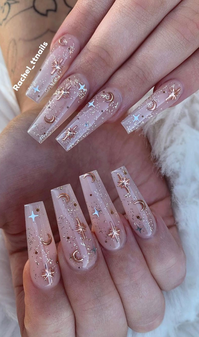 Stylish Nail Art Designs That Pretty From Every Angle : Moon and Star On Clear Nails