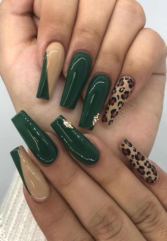 Stylish Nail Art Design Ideas To Wear in 2021 : Green, nude and leopard nails