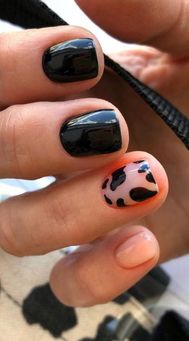 Creative & Pretty Nail Trends 2021 : Mismatch black, nude cow print nails