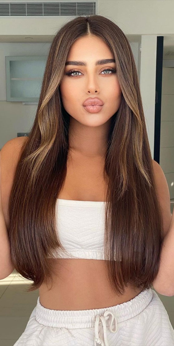 Trendy Brown Hair Colour Ideas For 2021 : Subtle Blonde Face Framing Brown Hair