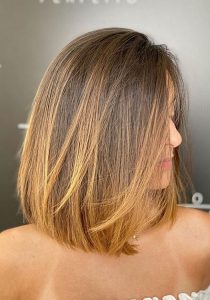 55+ Spring Hair Color Ideas & Styles for 2021 : Warm caramel lob haircut