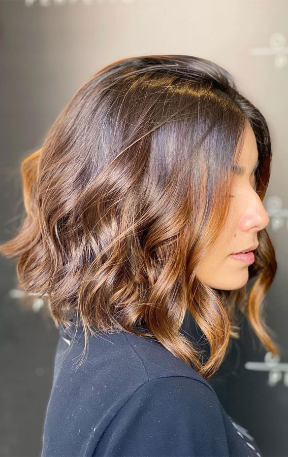 55+ Spring Hair Color Ideas & Styles for 2021 : Warm caramel textured lob haircut