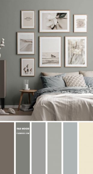 Muted Grey Green Bedroom Colour Scheme with beige and dusty blue