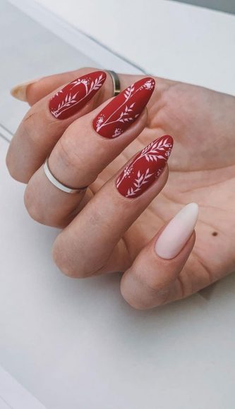 40+ Stylish Ways to Rock Spring Nails : Floral Matte Red Nails