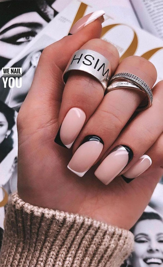 40+ Stylish Ways To Rock Spring Nails : Mix and match black & white tip nails