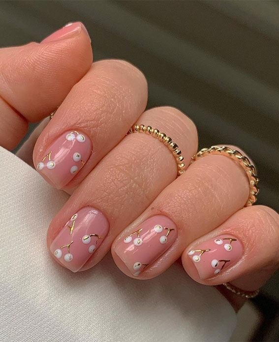 Stylish Nail Art Design Ideas To Wear In 2021 : White Cherry Nails with Glossy Top