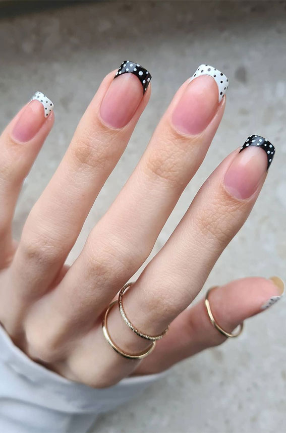 Stylish Nail Art Design Ideas To Wear In 2021 : Black & White Polka Dot French nails