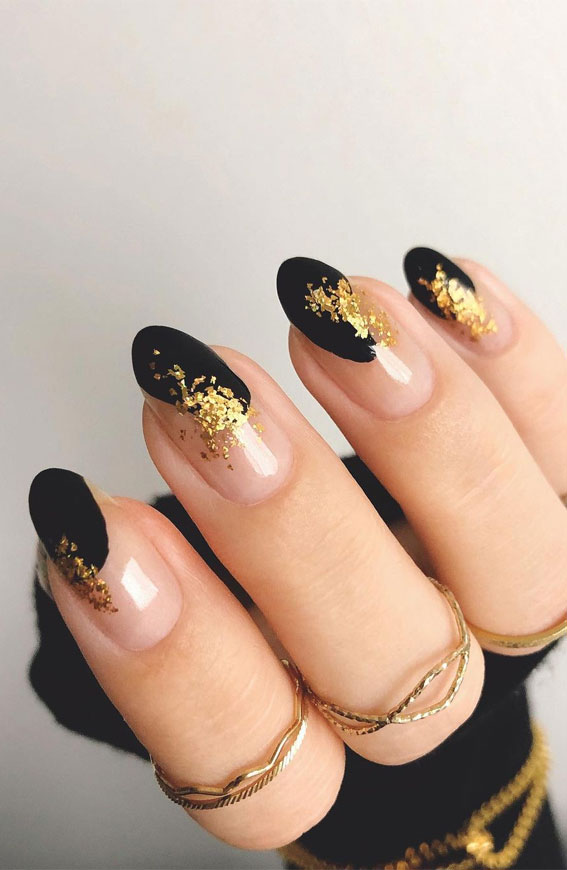 Stylish Nail Art Design Ideas To Wear In 2021 : Black and Gold Leaf Nude nails