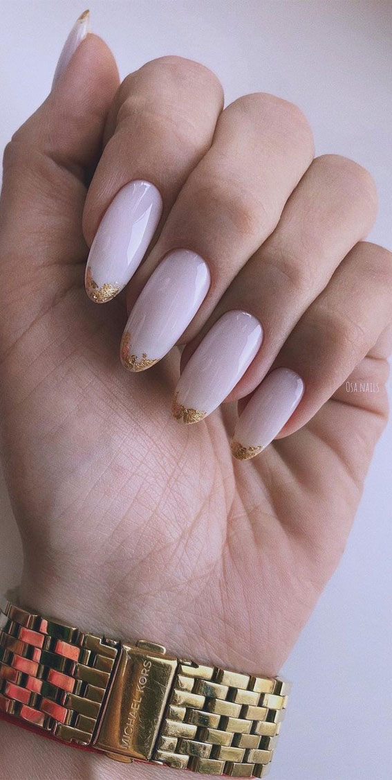 Stylish Nail Art Design Ideas To Wear in 2021 : Gold Leaf Creamy White Nails