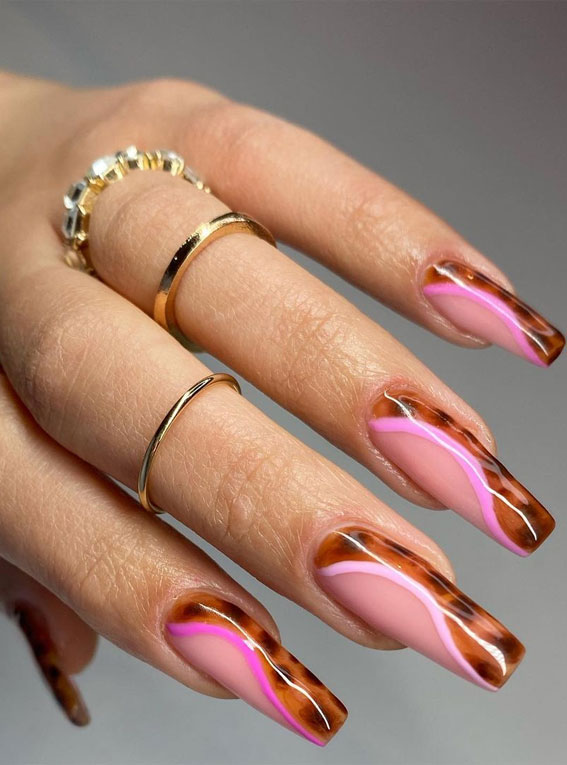 40+ Stylish Ways To Rock Spring Nails : Tortoise shell and pink swirl nails
