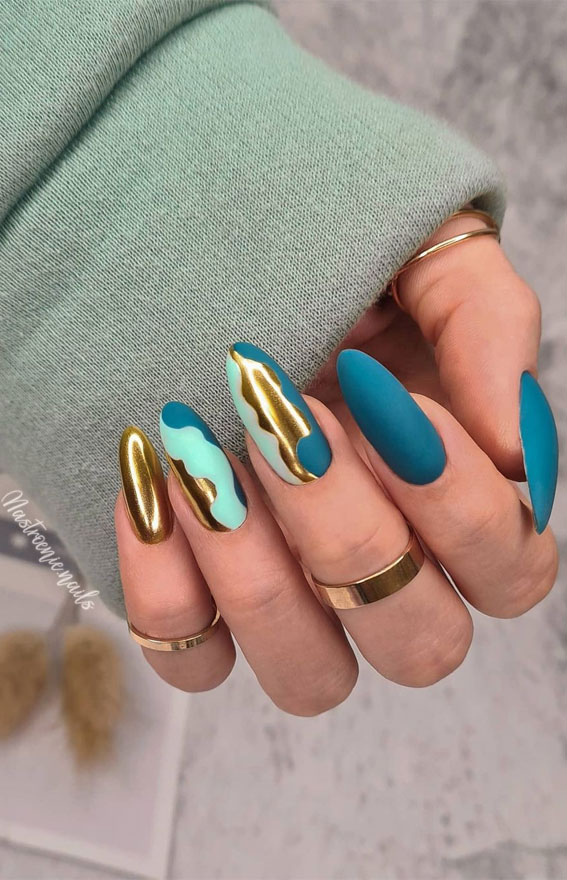 Stylish Nail Art Design Ideas To Wear In 2021 : Chrome and Teal nails