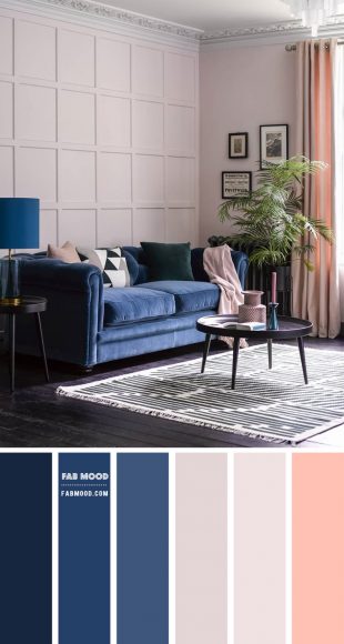 Light Grey and Navy Blue Living Room with a Touch of Peach | Fab Mood