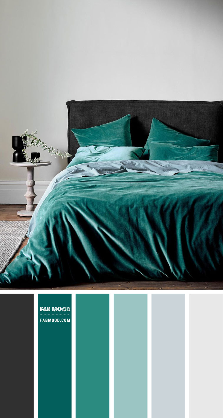 Charcoal, dusty blue and teal bedroom color combos