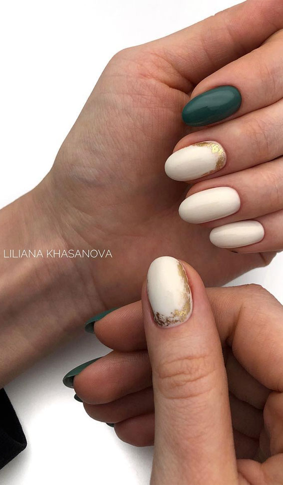 Cute Spring Nails That Will Never Go Out Of Style : Green and white nails & gold