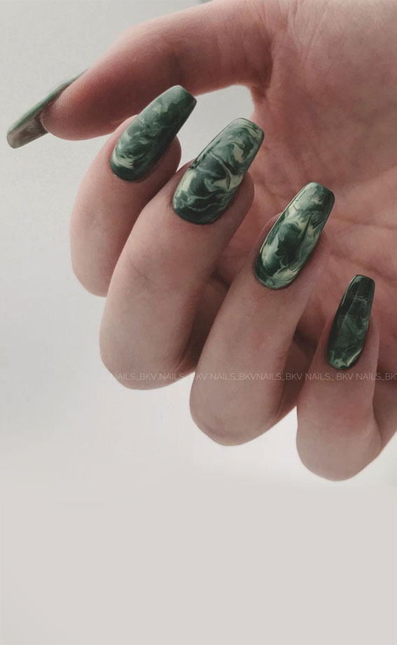 Cute Spring Nails That Will Never Go Out Of Style : Dark green marble nail art