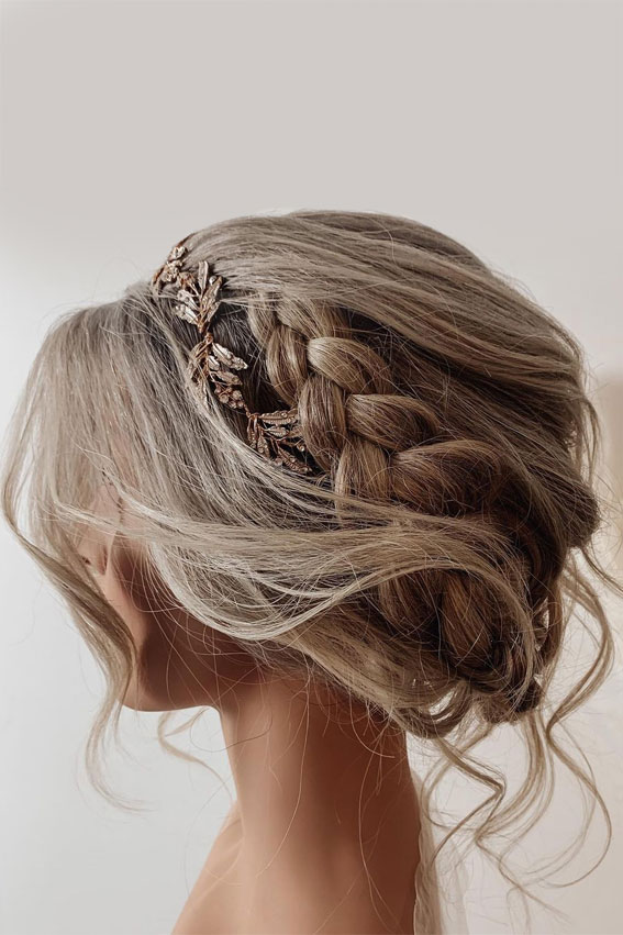French crown braid with updo wedding hairstyle inspiration