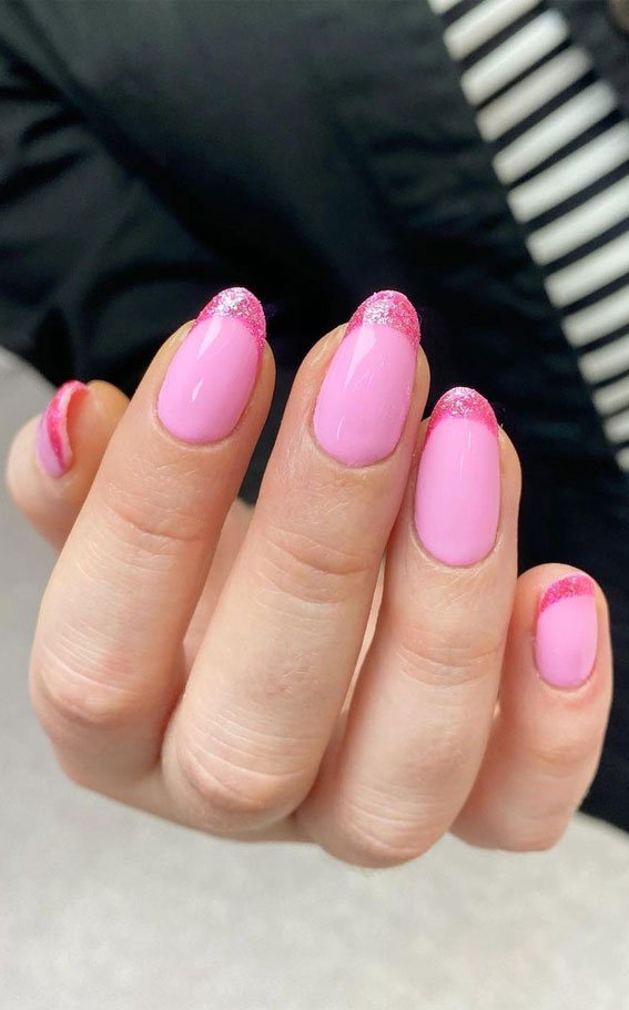 pink nail with glitter pink tips, pink barbie nails, pink nails, pink french manicure, bright pink nails