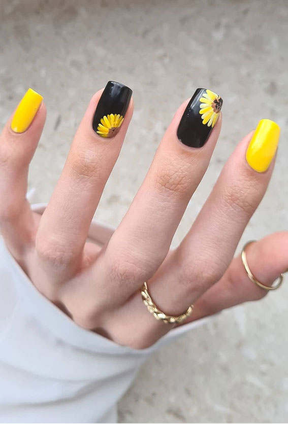 Summer Nail Designs You’ll Probably Want To Wear : Yellow Sunflower on Black Nails