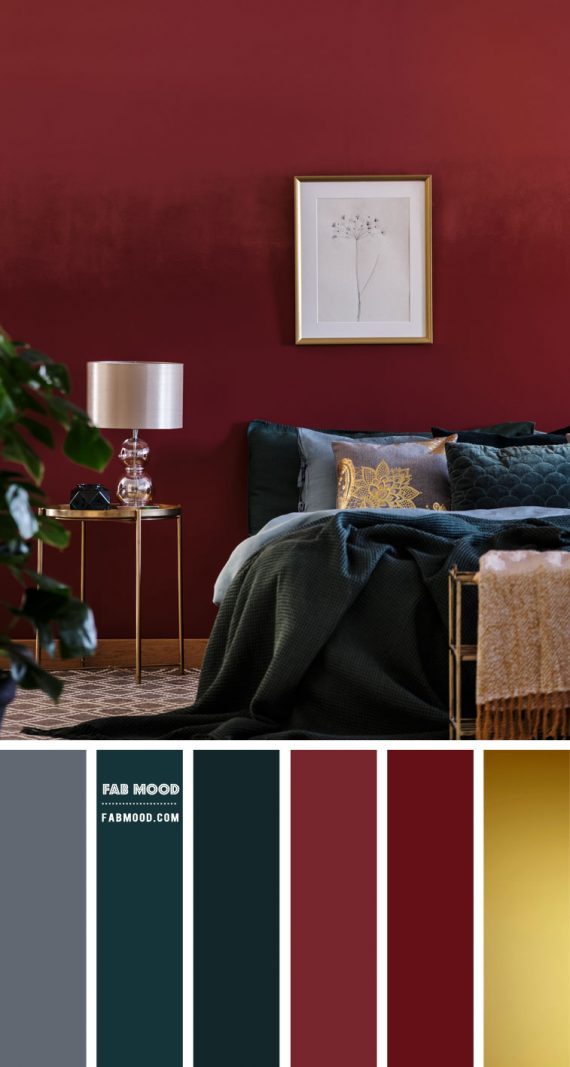 Burgundy and Dark Teal Bedroom with Gold Details