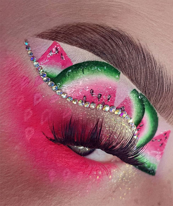 Creative Eye Makeup Art Ideas You Should Try Watermelon And Rhinestone Makeup Look 