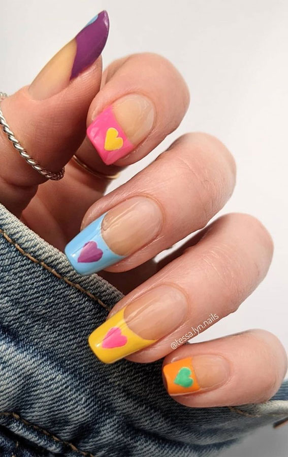 25 Cute Coloured French Tip Nail Ideas : Different Coloured Tips with Heart Details