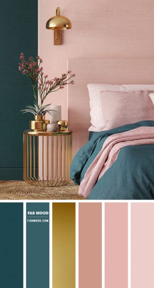 Peach and Teal Bedroom with Gold Accessories | Salmon Pink Bedroom