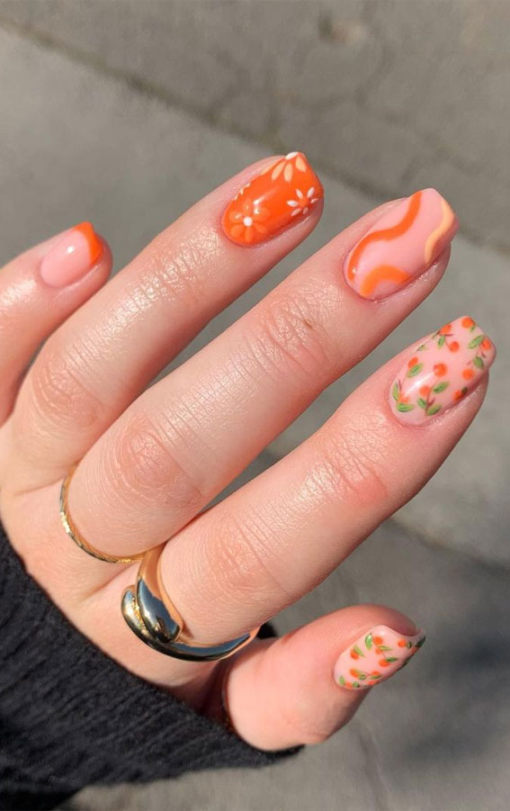 Summer nail art ideas to rock in 2021 : Pretty Orange Flower Nails