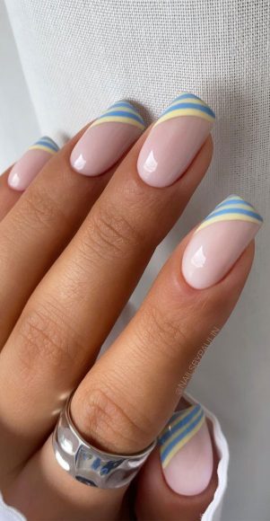 25 Cute Coloured French Tip Nail Ideas : Duck egg blue and cream