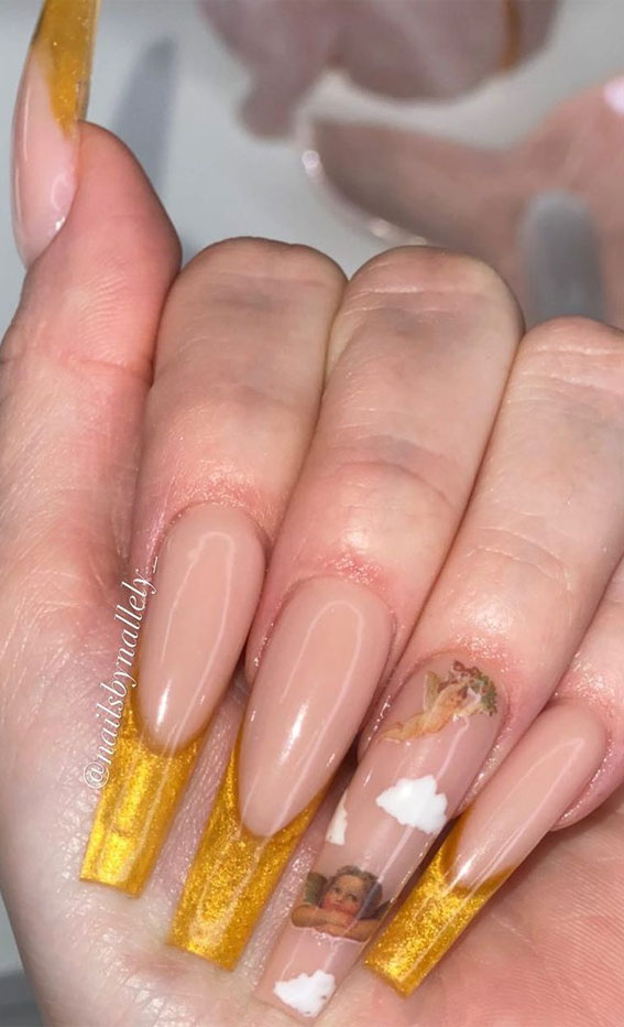 25 Cute Coloured French Tip Nail Ideas : Angel and Gold Tips
