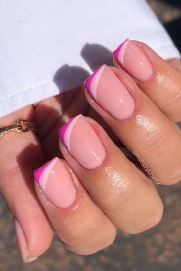 25 Cute Coloured French Tip Nail Ideas : Shades of Pink Asymmetric