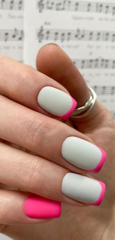 25 Cute Coloured French Tip Nail Ideas : Hot pink French Tip on Grey Nails
