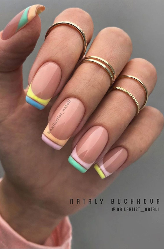 pastel french tips, double line nail tips, summer nail art designs, colorful nail colors, bright nail colors, summer nail art designs 2021, ombre nail colors, nail art designs 2021 #nailart #nailart2021