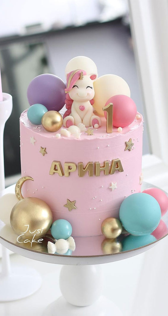 Cute Unicorn Cake Designs : Pink cake with unicorn & spheres for 1st birthday