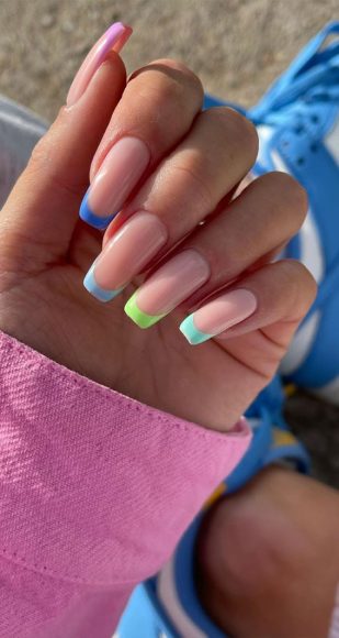 45+ Cute Summer Nails 2021 : Multi-colored French Tip Nails