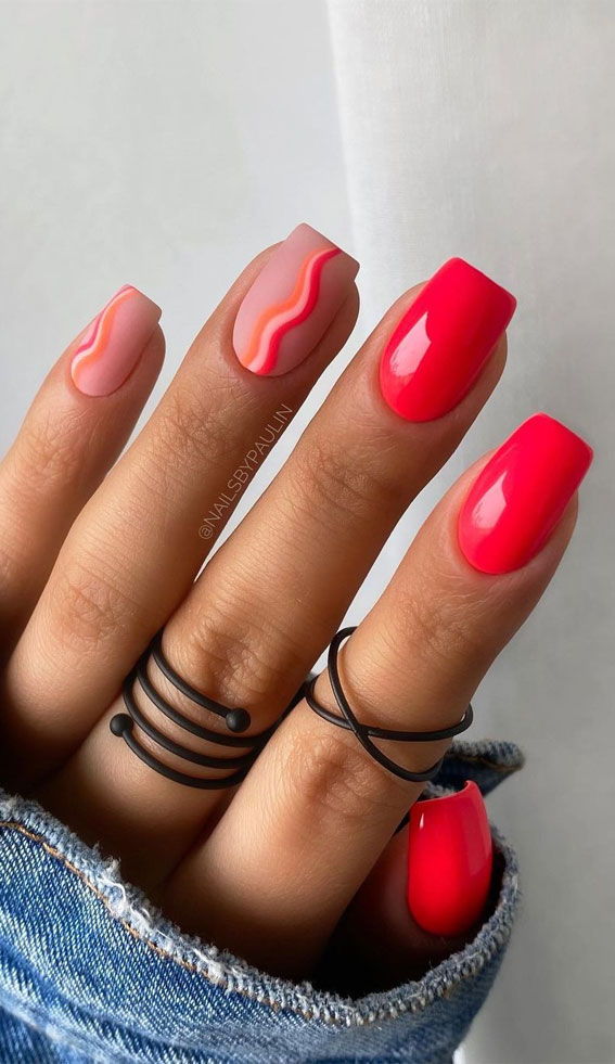 45+ Cute Summer Nails 2021 : Mismatched red & funky nails 