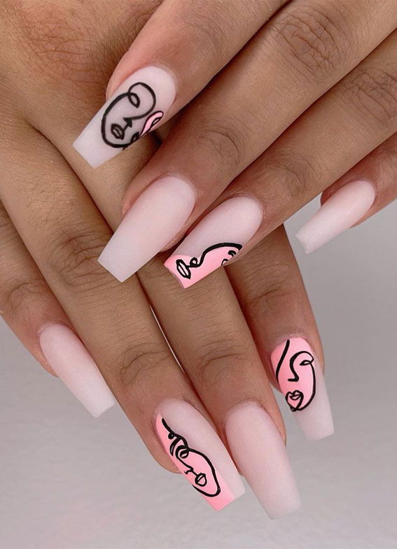 45+ Cute Summer Nails 2021 : Abstract Face Coffin Matte Nails