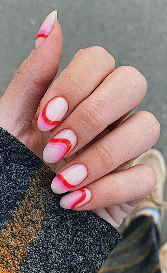 45+ Cute Summer Nails 2021 : Abstract Ombre Pink & Red Tips