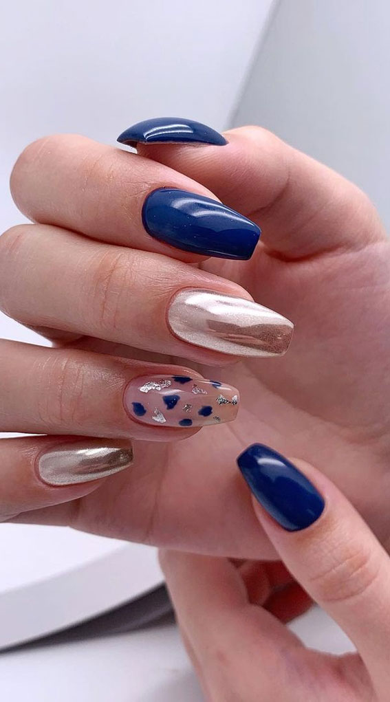 Summer nail art ideas to rock in 2021 : Dark Blue and Gold Nails