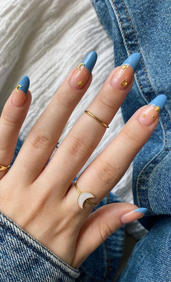 Summer nail art ideas to rock in 2021 : Moon, Star and Blue Tip Nails