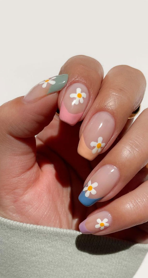 Summer nail art ideas to rock in 2021 : Different Colour French Tip Nails with Daisy Accents