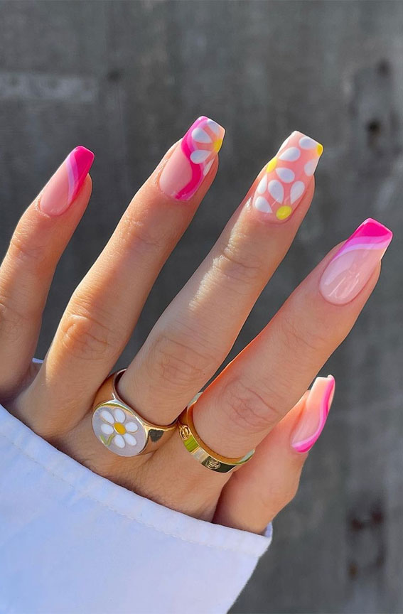 45+ Cute Summer Nails 2021 : Mix and Match Pink and Yellow Nail Art Design