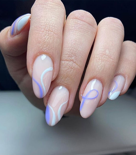 45+ Cute Summer Nails 2021 : Blue swirl nude oval nails