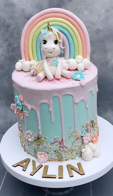 Cute Unicorn Cake Designs : Mint Cake with Pink Icing Drip, Unicorn