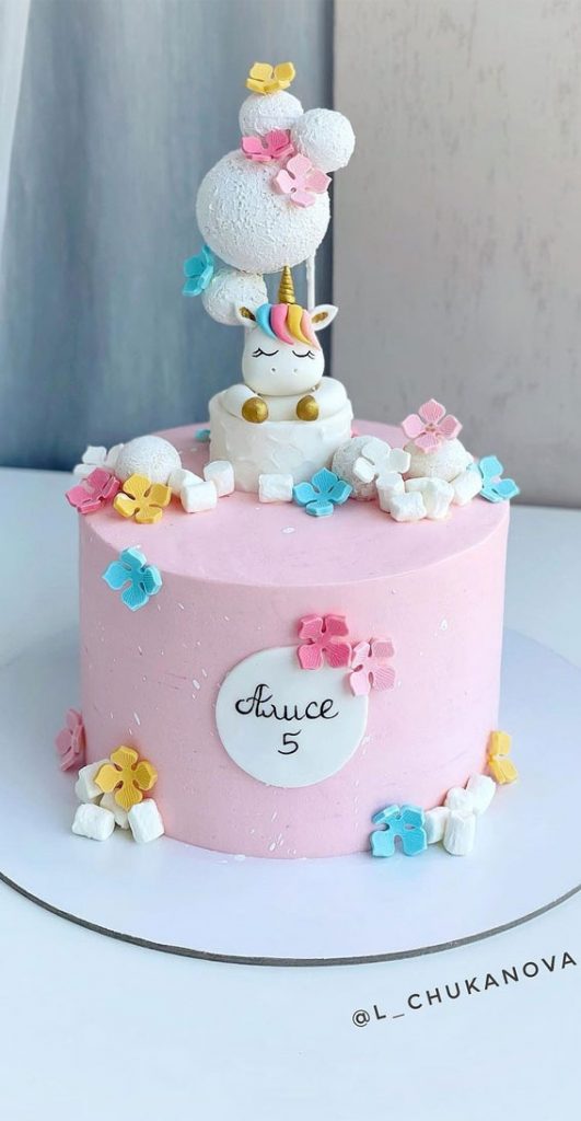 Cute Unicorn Cake Designs : Pink Cake with colorful sugar flower & unicorn