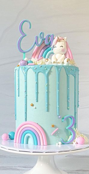 Cute Unicorn Cake Designs : Blue Cake with Pastel Rainbow, icing drip