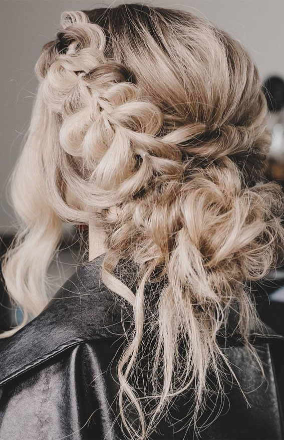 32 Classy, Pretty & Modern Messy Hair Looks : Messy textured bun with a pull through braid