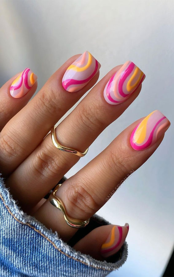 29 Summer Aesthetic Nails Designs 2021 Pink & Yellow Swirl Nail Art