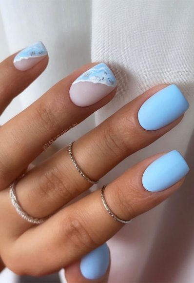 29 Summer Aesthetic Nails Designs 2021 : Baby Blue Abstract Nail Art